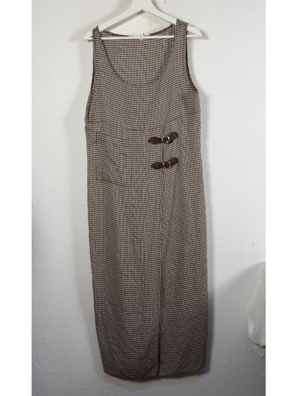 Trio New York Brown Check Gingham Tank Maxi Dress Faux Leather Straps Size 10